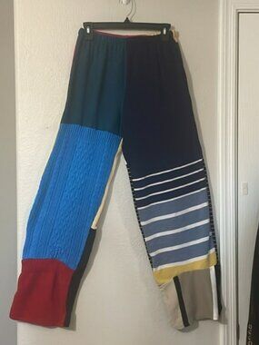 Patchwork up-cycled knit elastic waist full leg pants. All fabrics very soft.
